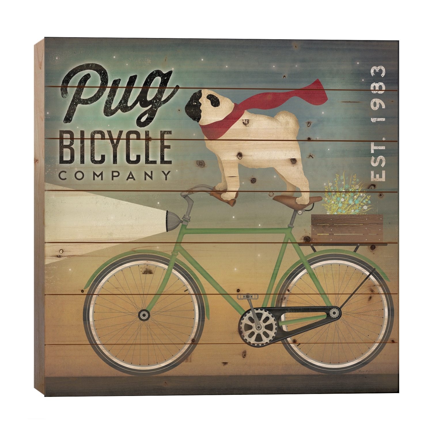 Pug Bicycle Co. Print On Wood by Ryan Fowler - Multi-Color
