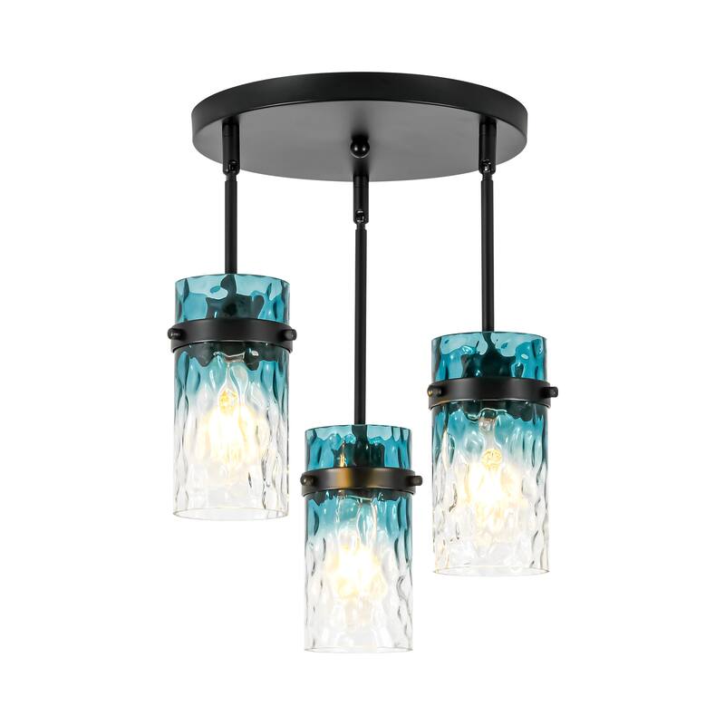 1/3-Light Coastal Matte Black Adjustable Pendant Light with Gradient Blue Hammered Cylinder Glass for Kitchen Island
