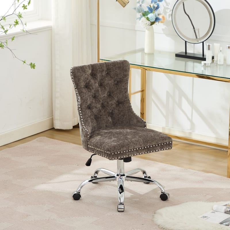 Chenille Upholstered Swivel Office Chair, Tufted Button Home Office Chair, Adjustable Vanity Chair with Metal Base