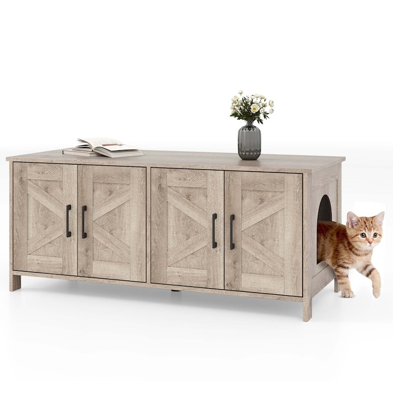 Gymax Cat Litter Box Enclosure for 2 Cats w/ Double Rooms Wooden Cat - Brown