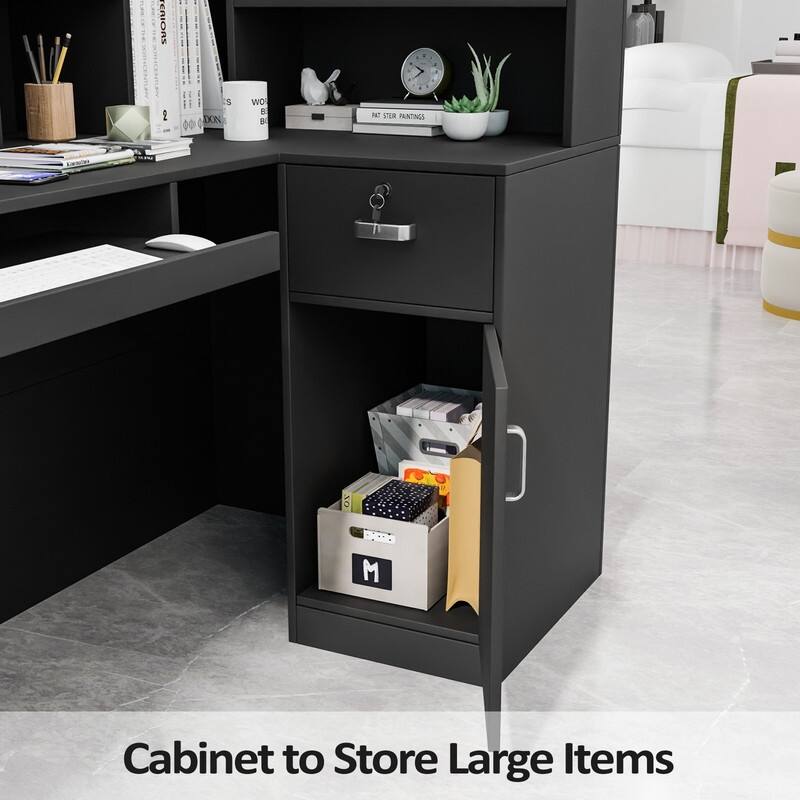 L-Shaped Modern Reception Desk Front Desk with Moveable Shelves and Lockable Drawers