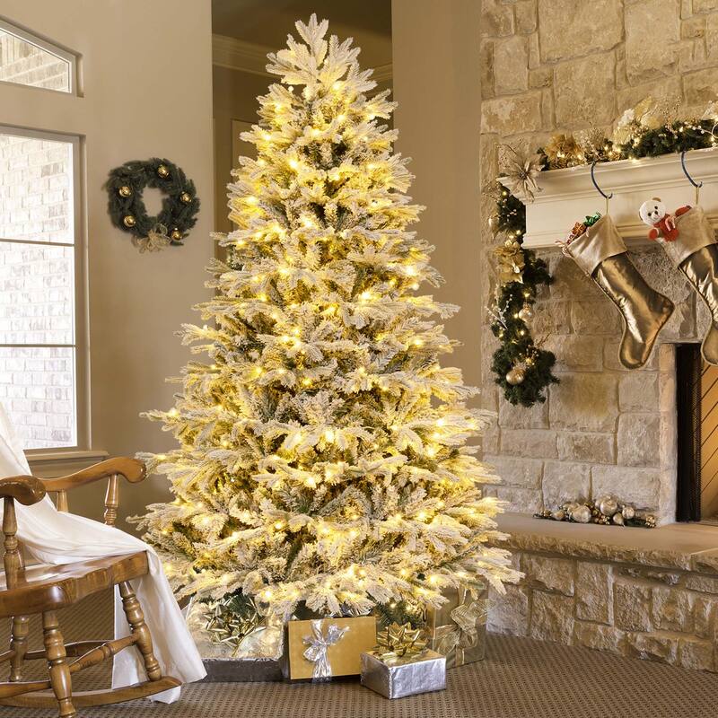 Costway 4.5 FT/6FT/7FT Pre-Lit Christmas Tree Snow Flocked Hinged Xmas