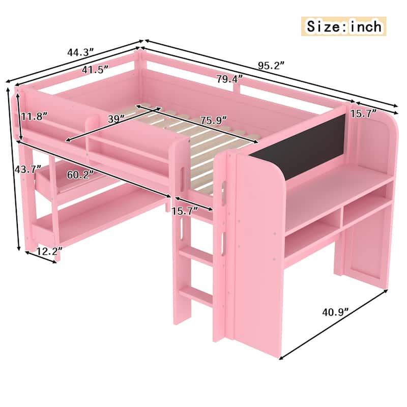 Twin Loft Bed with Multi-storage Bookcases, Boxes and Drawers, Solid Wood Low Loft Beds with Desk and Blackboard