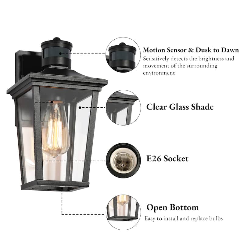 Modern Farmhouse Dusk to Dawn Outdoor Wall Sconce Black Lantern - L6.5" x W7.7" x H12"