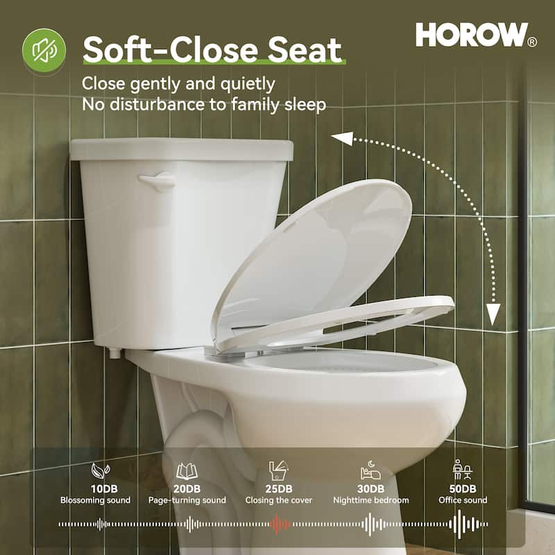 HOROW 2 Piece ADA Height Round Toilet White 1.28 GPF Strong Flush Quiet Soft Close Seat