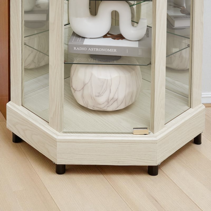 Lighted Corner Curio Cabinet with Glass Doors, Adjustable Shelves & Carved Cherry Decor, Elegant Display Cabinet for Home
