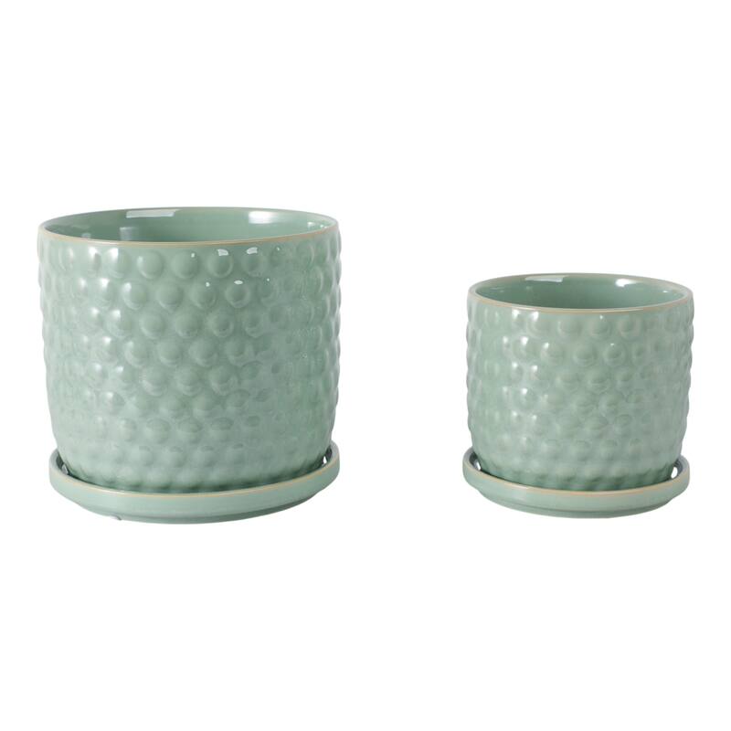 Ceramic Planters with Textured Bubble Surface and Saucers (Set of 2) - 8" x 8" x 7"