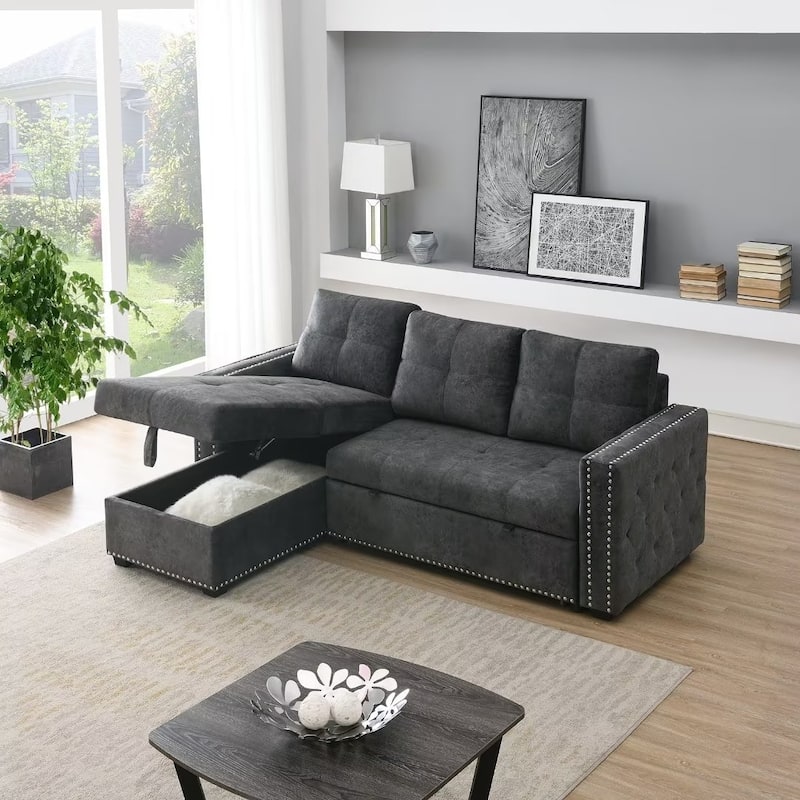 Modern Reversible L-shaped Sleeper Sectional Sofa Bed with Storage Chaise