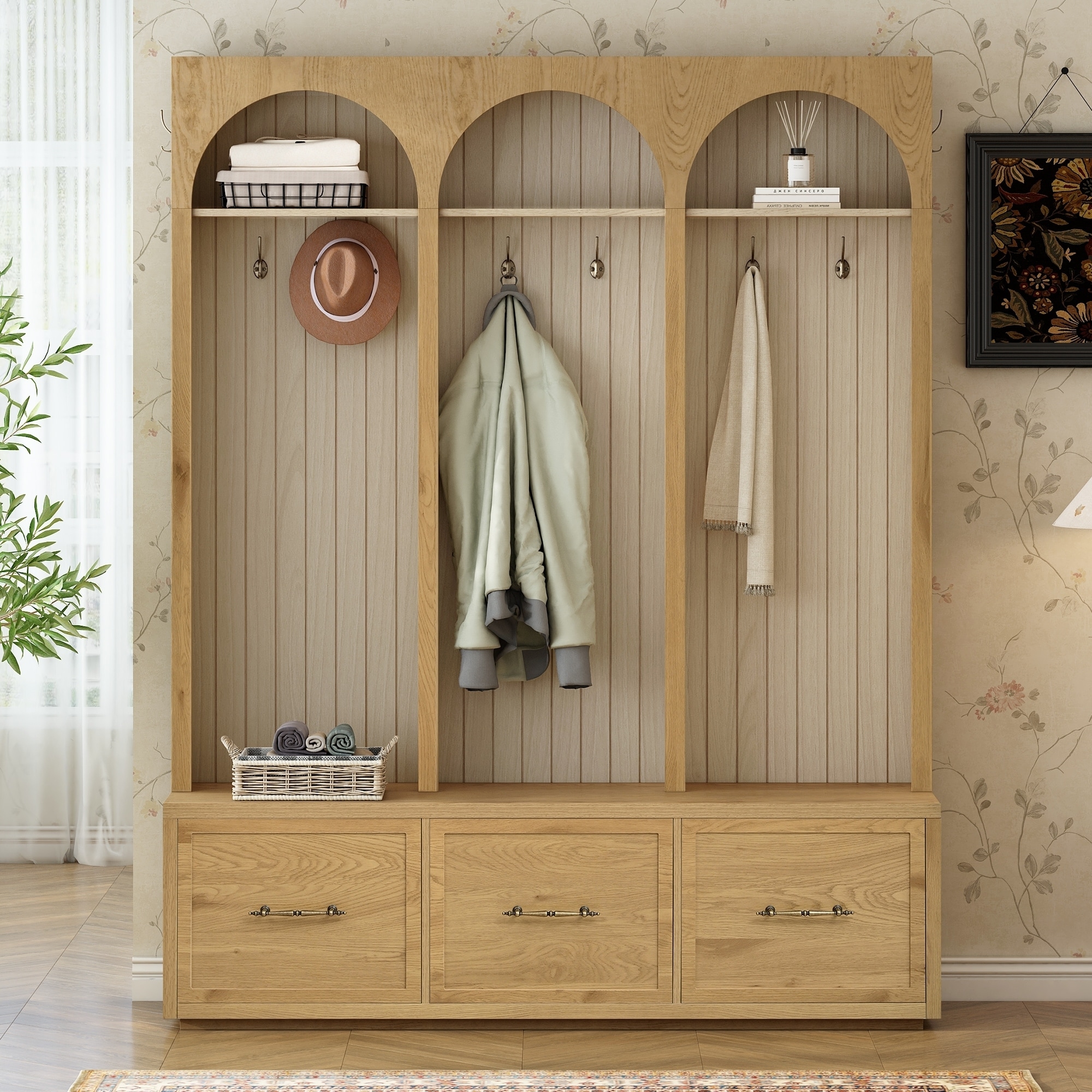 Farmhouse Hall Tree Bench with Arched Design, 8 Hooks & 3 Storage Drawers, 59" Wide Entryway Coat Rack