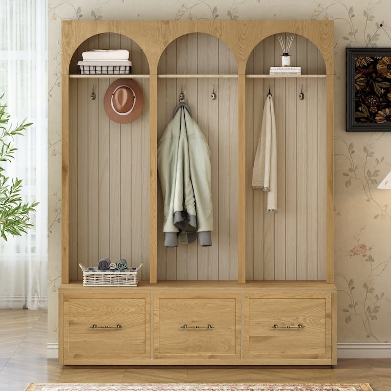 Wooden Style Hall Tree with Arched Design, Entryway Bench with Retro Hooks, Rustic Coat Rack & Shoe Organizer with Drawers