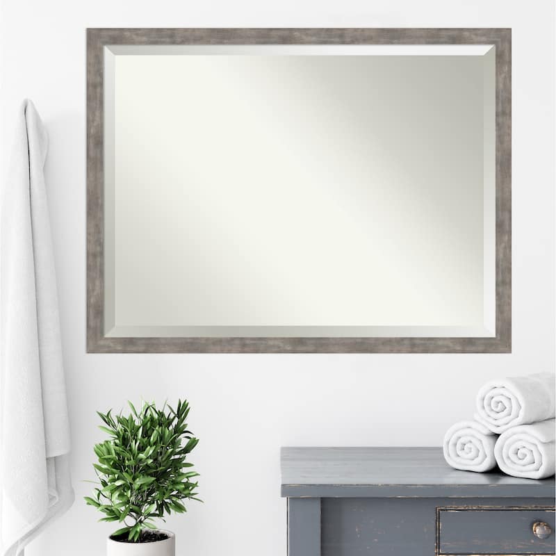 Beveled Wood Bathroom Wall Mirror - Marred Pewter Frame