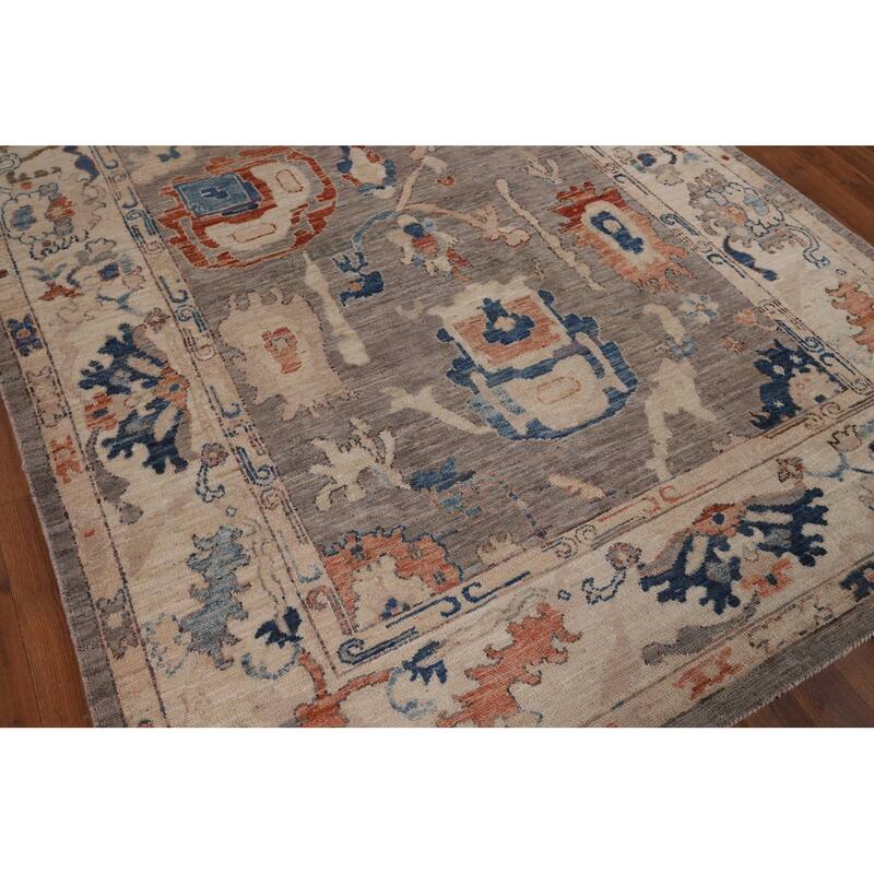 Vegetable Dye Grey Oushak Turkish Area Rug Handmade Floral Wool Carpet - 5'4"x 7'8"