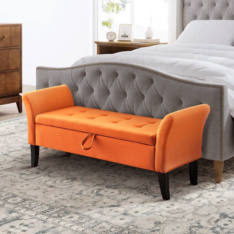 Ramiro Contemporary Velvet Storage Bench by HULALAHOME - Orange