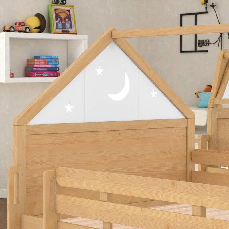 Full Size Kids Loft Bed with Bookshelf and Slide, House-Shaped Play Bed with Stairs, Safety Guardrails