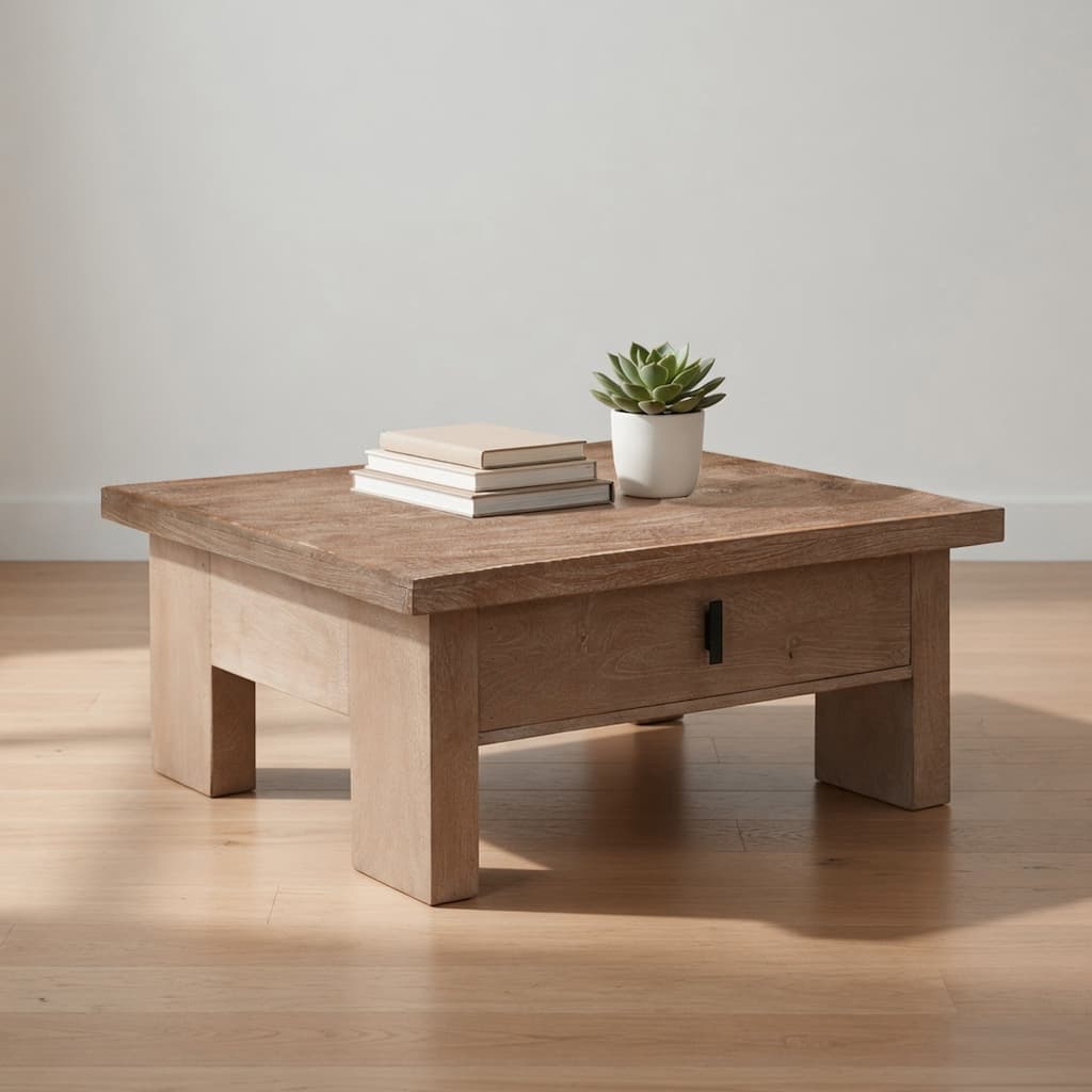 The Urban Port Les Matte Brown Mango Wood 36-Inch Square Coffee Table with Panel Legs, 2 Storage Drawers