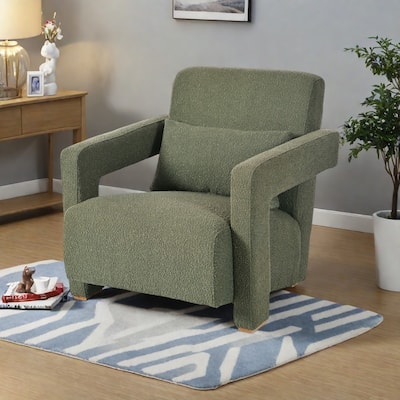 Boucle Accent Chair with Ergonomic Lumbar Support and Square Wooden Legs and Right-Angle Armrests, Inclined Seat