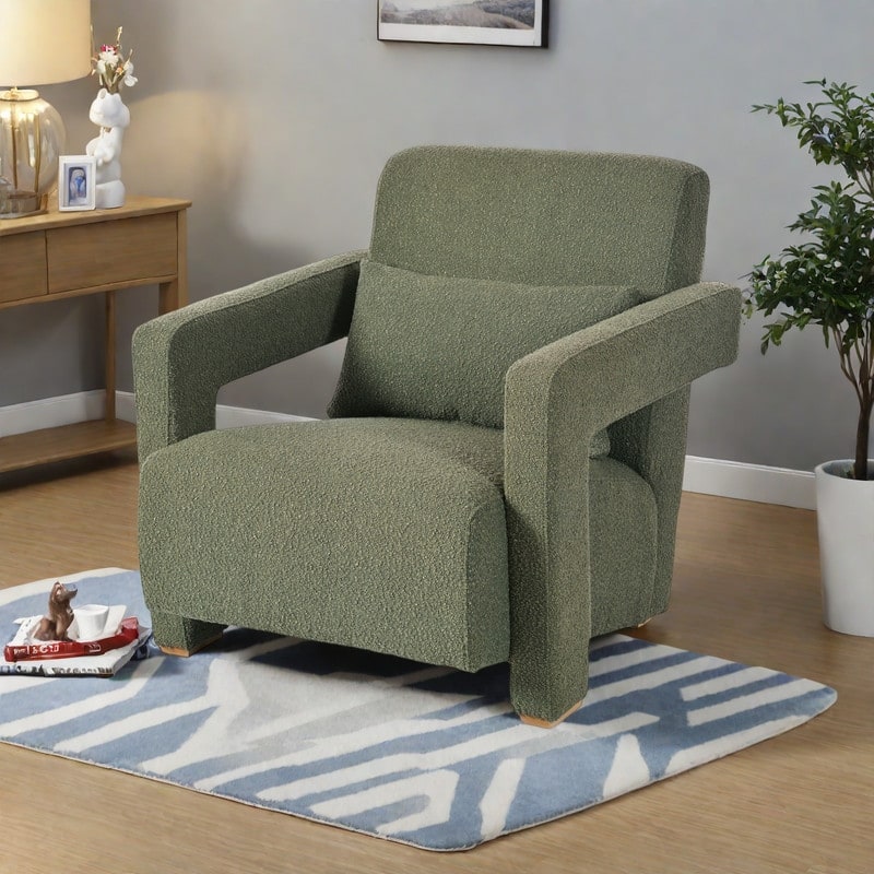 Boucle Accent Chair with Ergonomic Lumbar Support and Square Wooden Legs and Right-Angle Armrests, Inclined Seat