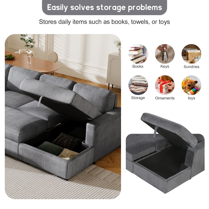 115.6" Corduroy U-Shaped Sectional Sofa with Pull-out Bed, Storage & USB Ports