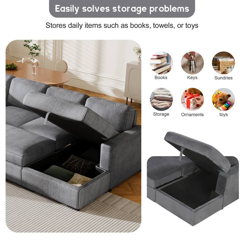 Modern U Shaped Modular Sofa Bed with USB Ports and Hidden Storage and for Living Rooms or Guest Room