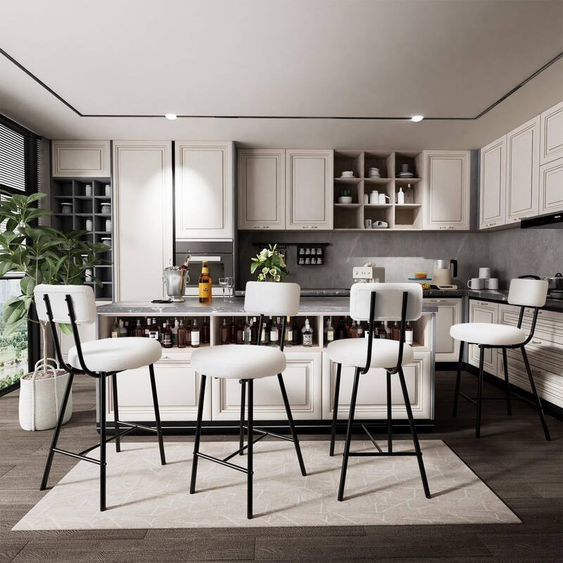 Boucle Upholstered Bar Stools Set of 2, Modern Counter Height Bar Chairs with High Back, Footrest and Metal Leg
