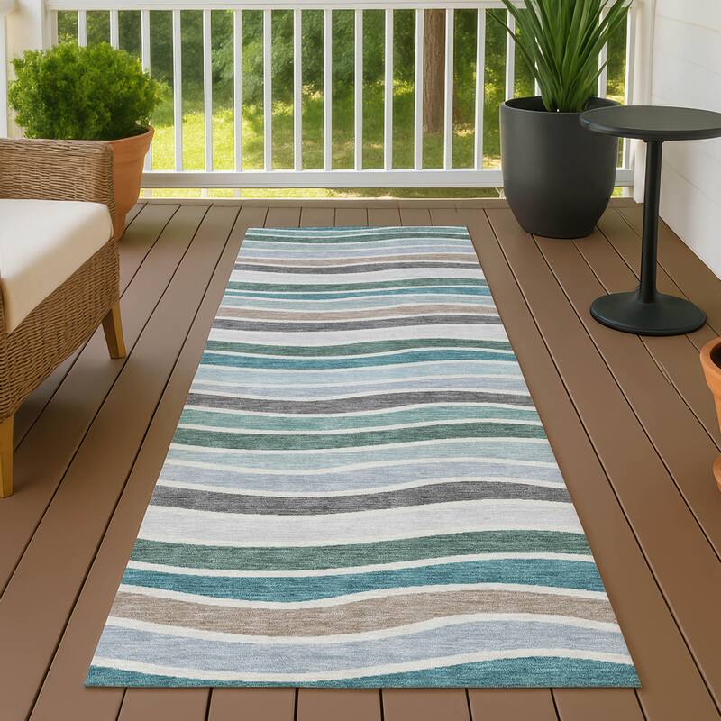 Machine Washable Indoor/ Outdoor Contemporary Stripe Chantille Rug - Teal - 2'3" x 7'6"