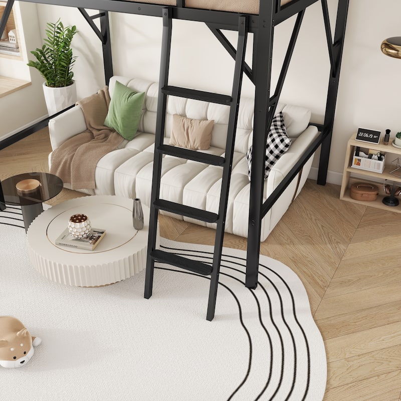 Black Metal Full Loft Bed with Ladder & Storage Shelves – High Loft Design for Kids and Teens, Sturdy Space-Saving Solution
