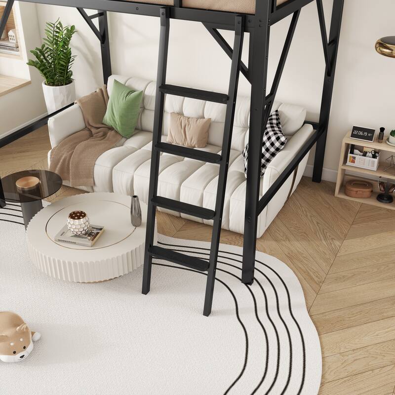 High Loft Bed Frame with Upper Side Storage Shelves, Black Metal Loft Bed with Ladder for Kids Teens