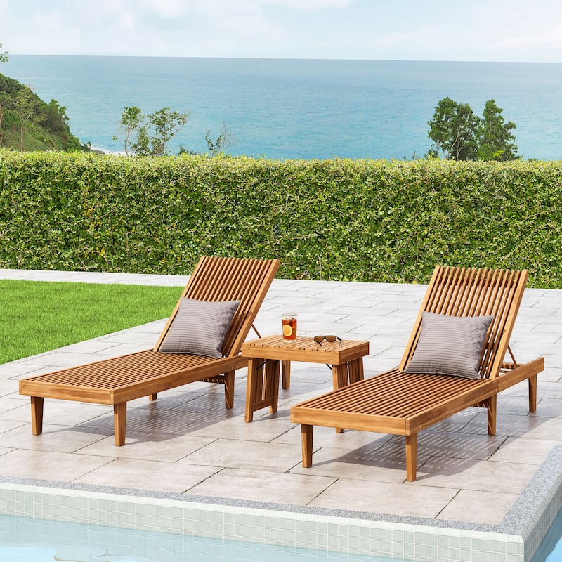 Nadine Outdoor Acacia Wood 3 Piece Chaise Lounge Set by Christopher Knight Home - Teak Finish