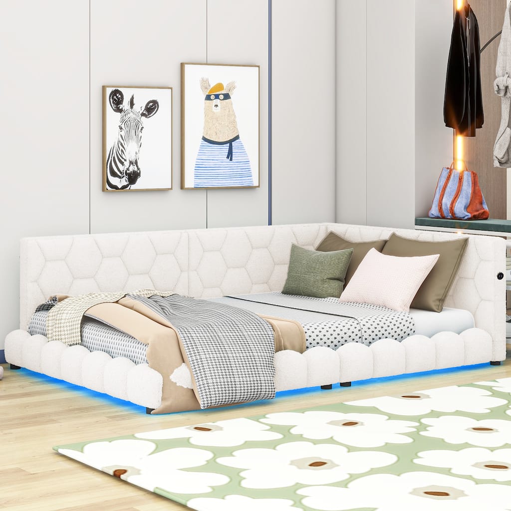 Full Size Teddy Upholstered Bed Frame with USB Ports and LED Belt, Platform Bed & Sofa-Bed for Bedroom/Living Room