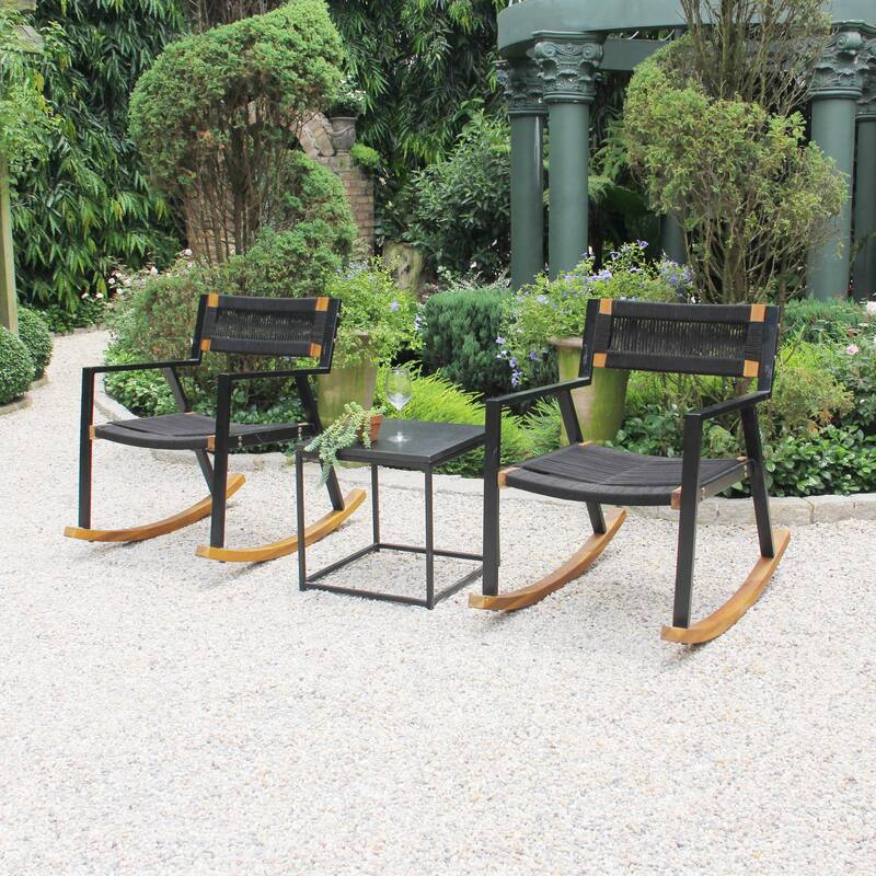 M4H Cabra 3-Piece Solid Wood Metal Rocking Outdoor Rope Chair Set
