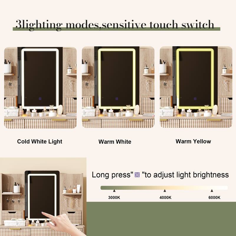 seven-Drawer Vanity Desk with LED Mirror & Carved Details
