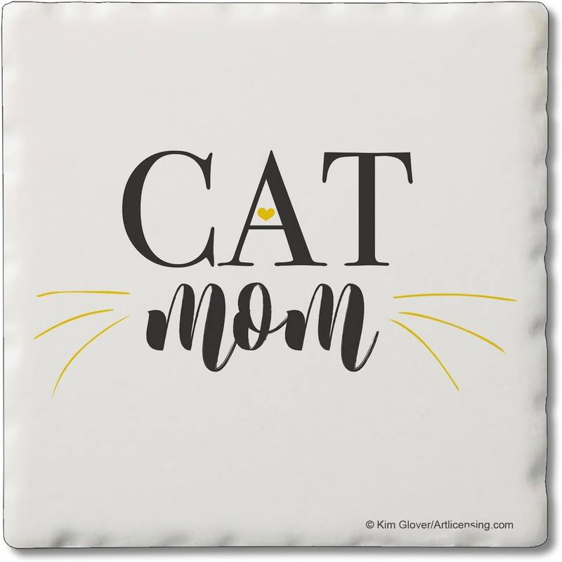 Cat Mom 4 Pack Single Absorbent Stone Coaster with Protective Cork Backing Made in The USA 4" Square, Artistic, Wipes Clean - Multi