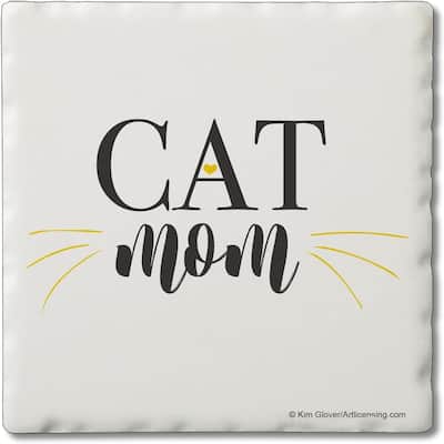 Cat Mom 4 Pack Single Absorbent Stone Coaster with Protective Cork Backing Made in The USA 4" Square, Artistic, Wipes Clean