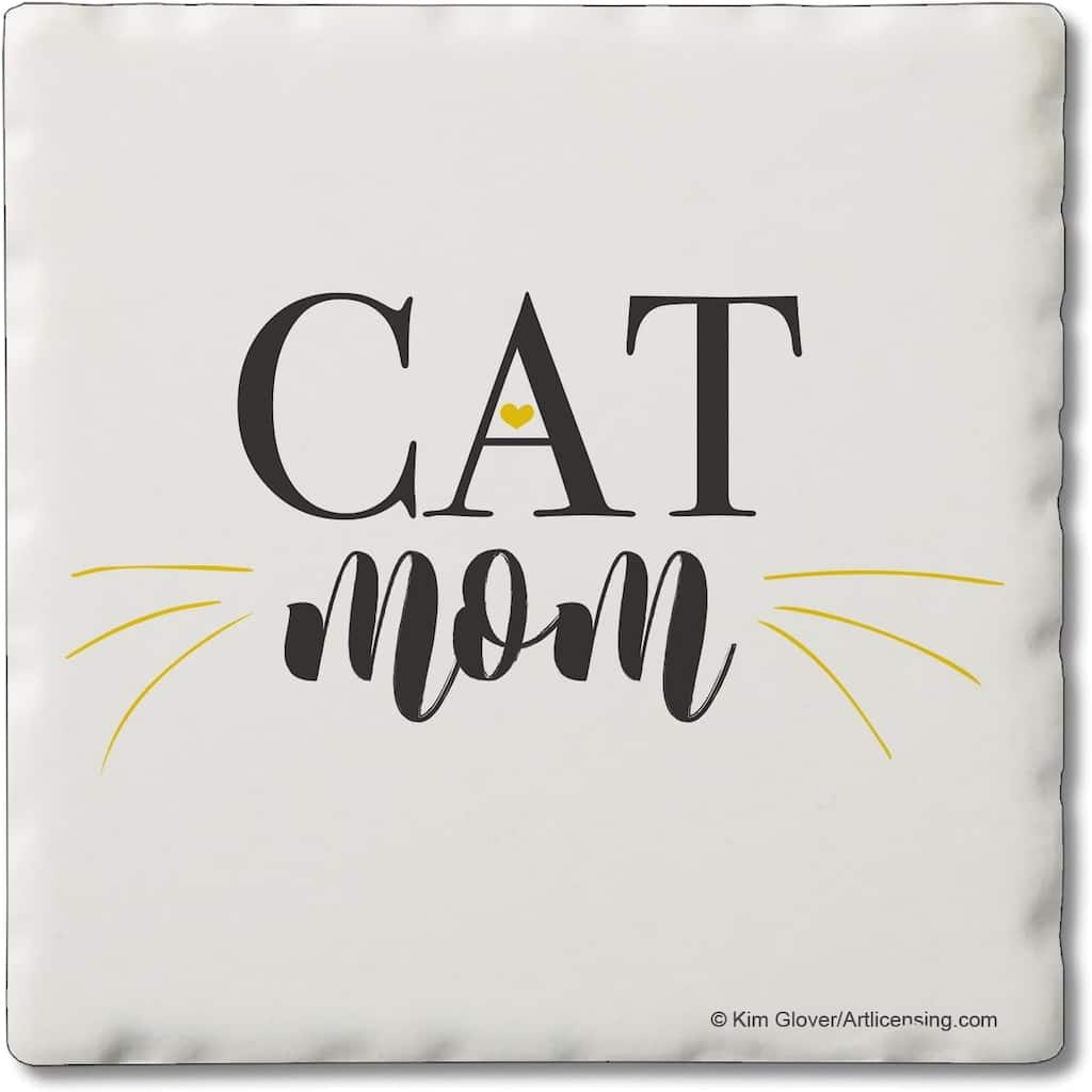 Cat Mom 4 Pack Single Absorbent Stone Coaster with Protective Cork Backing Made in The USA 4" Square, Artistic, Wipes Clean
