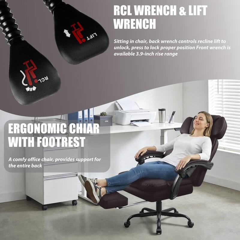 BOSSIN 400lbs Big & Tall Office Chair, Reclining Executive Chair with Footrest, Adjustable Headrest, PU Leather High Back,