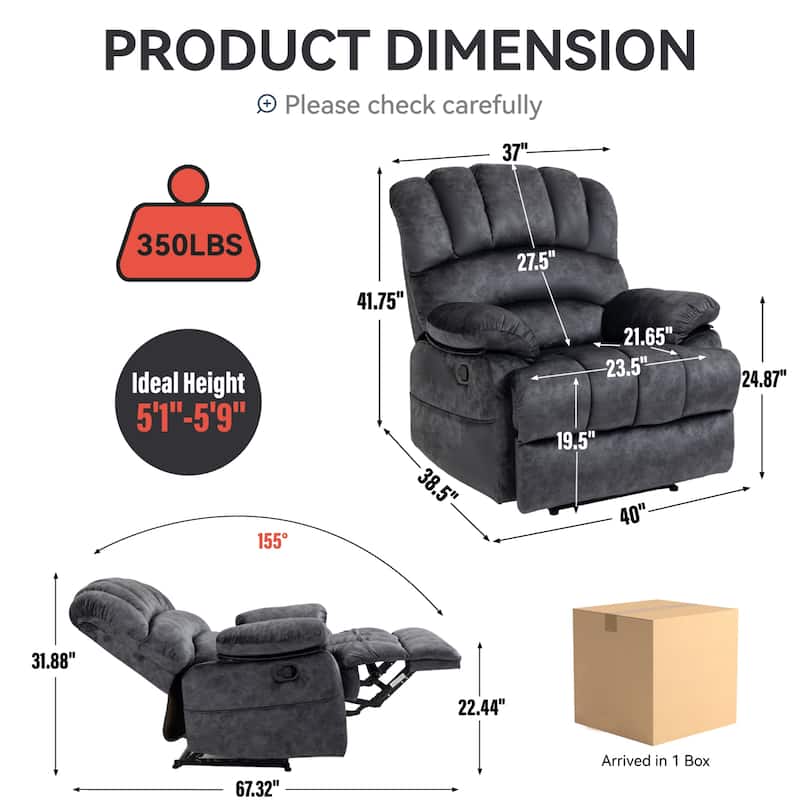 Roomfitters Oversized Manual Recliner Chair Padded Fabric Living Room Seating Ergonomic Lounge Sofa with Wide Armrests