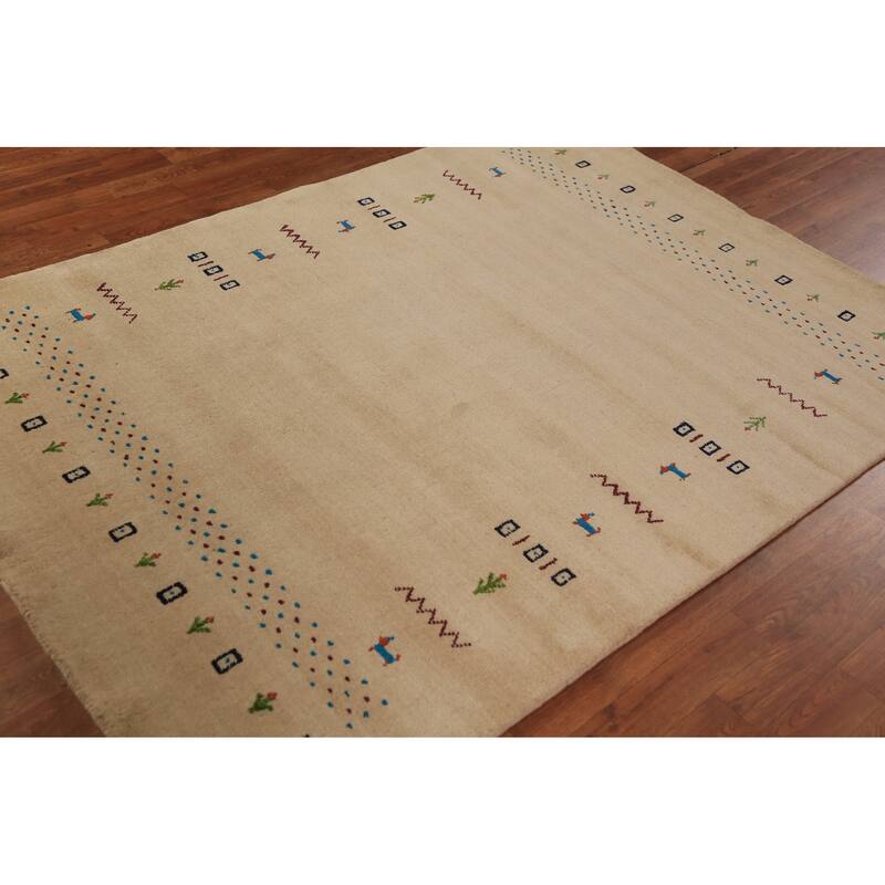 Tribal Gabbeh Oriental Area Rug Hand-Knotted Yellow Wool Carpet - 4'9" x 6'6"