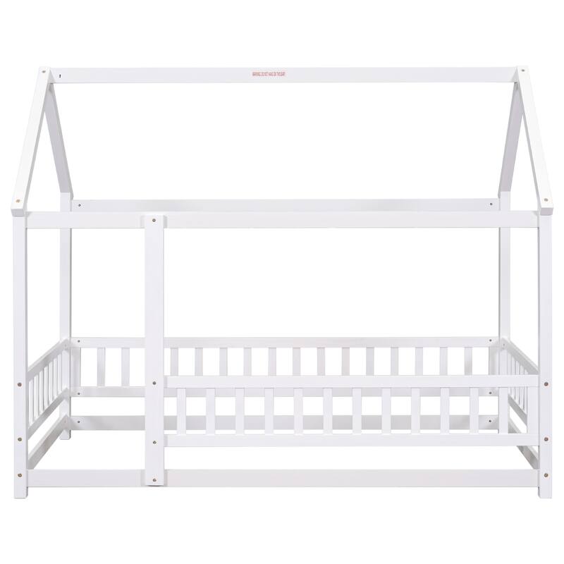 Floor Wooden Bed with House Roof Frame, Fence Guardrails
