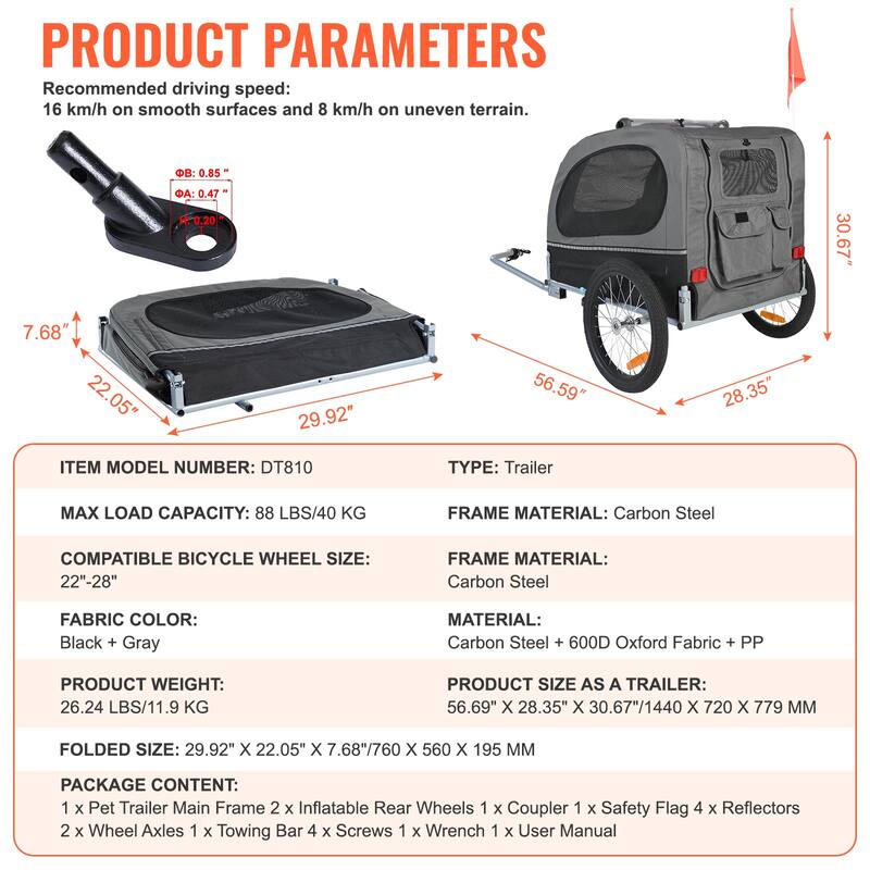 Dog Bike Trailer, Pet Cart Bicycle Carrier, Easy Folding Frame with Quick Release Wheels, Universal Bicycle Coupler