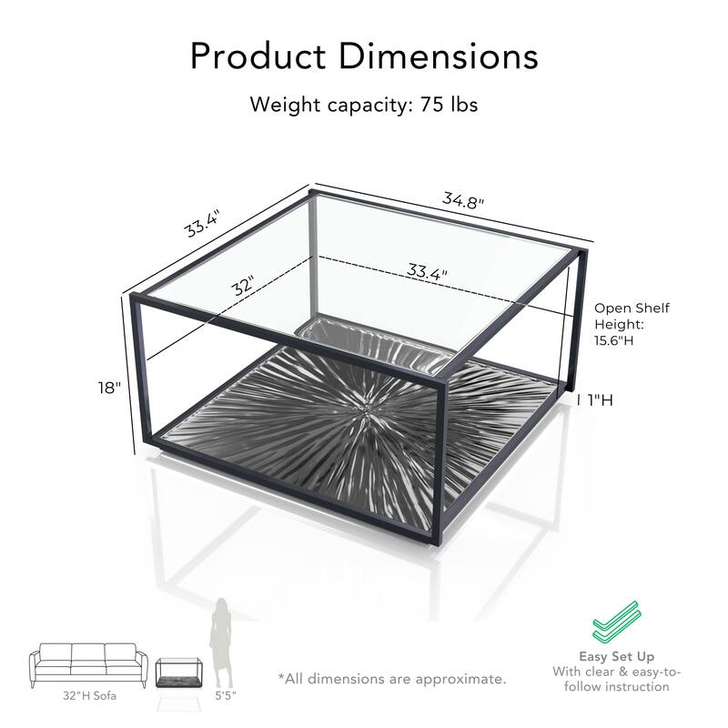 247 Shop At Home Aureum Modern 1-Shelf Coffee Table with Sunburst Base and Tempered Glass Top