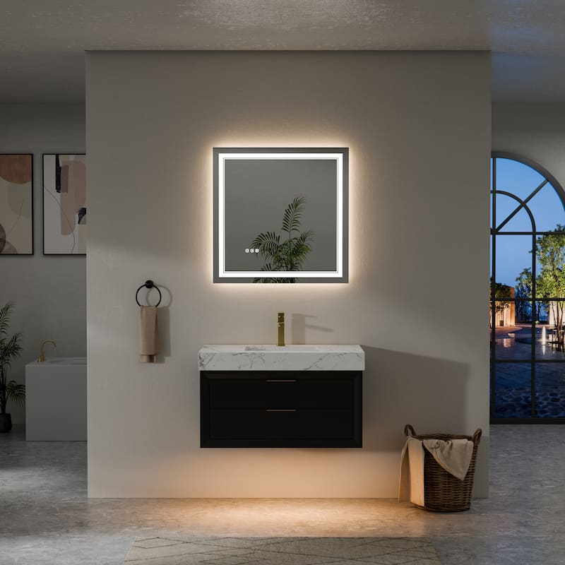 Modland 36/48/60 Inch Black Floating Bathroom Vanity with ETL LED Lights & Soft-Close Drawers, Waterproof Rubberwood - 36 inch