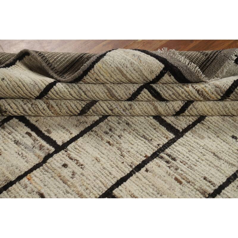 Geometric Moroccan Area Rug Hand-Knotted Beige Wool Carpet - 7'0" x 9'9"