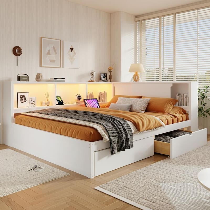 Queen Size Wood Daybed with LED Storage Shelves, USB Ports, and 2 Drawers by Harper&Bright Designs - White