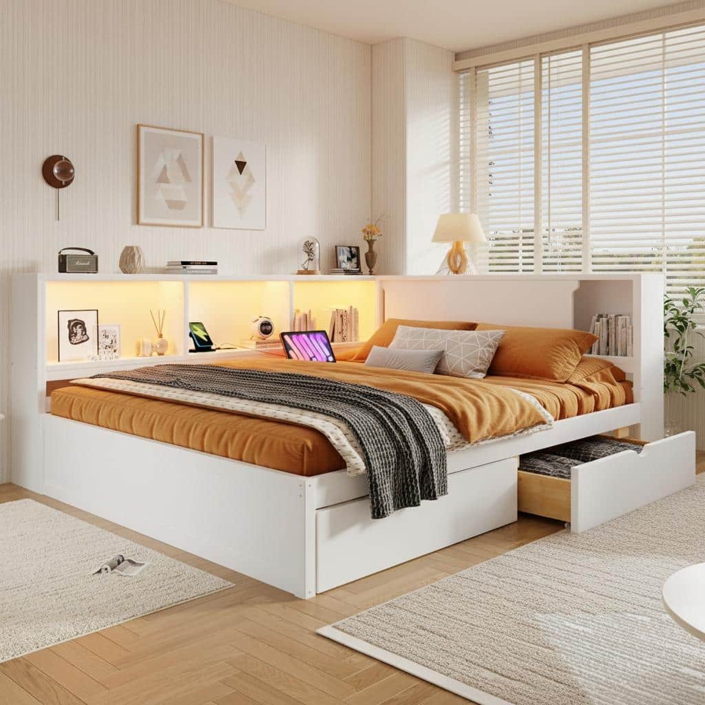 Queen Size Wood Daybed with LED Storage Shelves, USB Ports, and 2 Drawers by Harper&Bright Designs