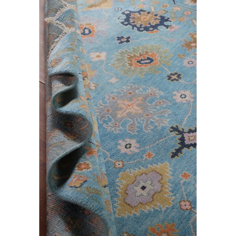 All-Over Blue Floral Oushak Indian Area Rug Handmade Wool Carpet - 8'9"x 12'0"