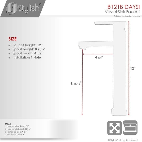 dimension image slide 1 of 3, Single Hole Single-Handle Vessel Bathroom Faucet - Faucet Height: 12" | Spout Height: 8 3/4"