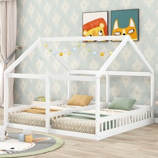 Twin Size House Platform Beds, Kids Double Bed Frame with Fence, White