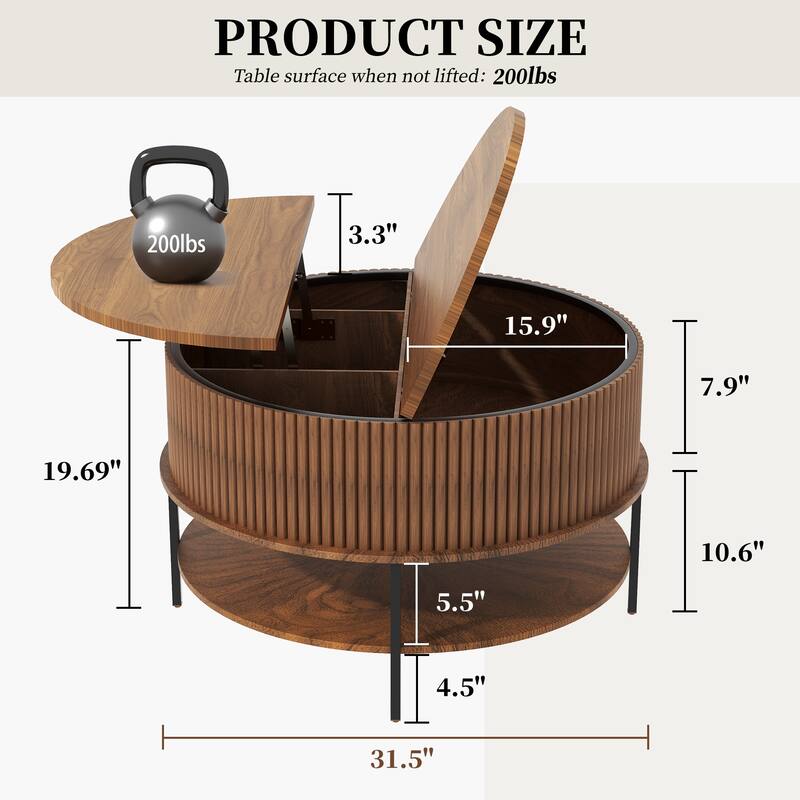 31.5 Inch Farmhouse Brown Lift Top Coffee Table, Round Storage Cocktail Table with Sturdy Steel Legs, for Living Room