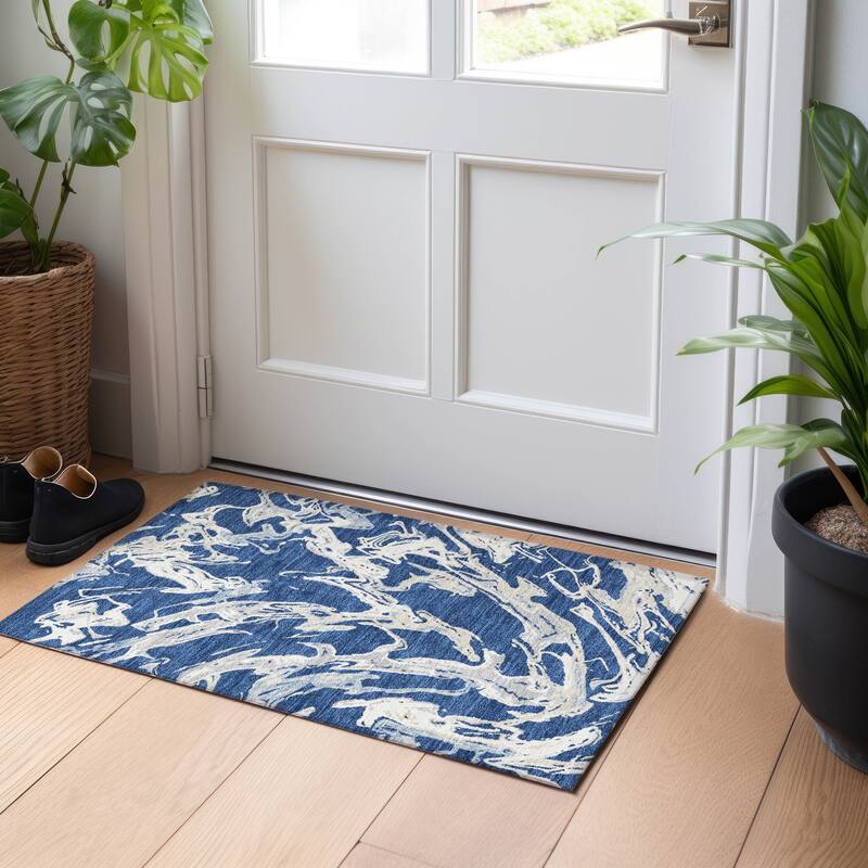 Machine Washable Indoor/ Outdoor Modern Wave Chantille Rug - Navy - 1'8" x 2'6"