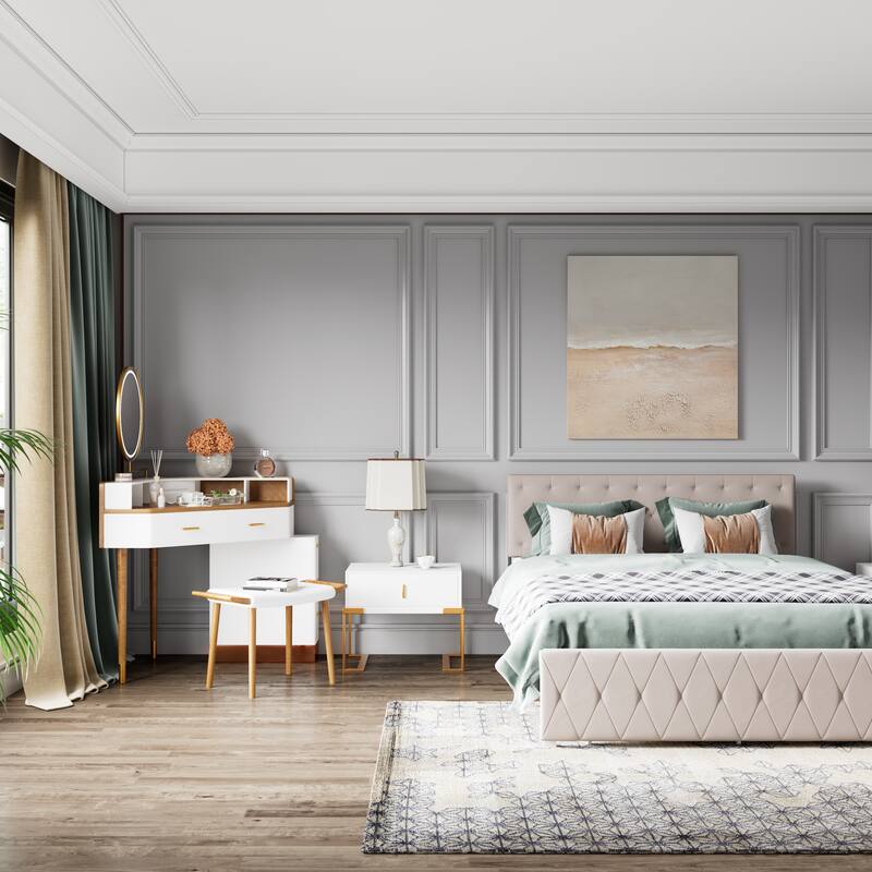 Modern Corner Makeup Vanity Table with LED Lighted Mirror, Vanity Desk with 5 Drawers, Piano Finish, Solid Wood Legs, Stool